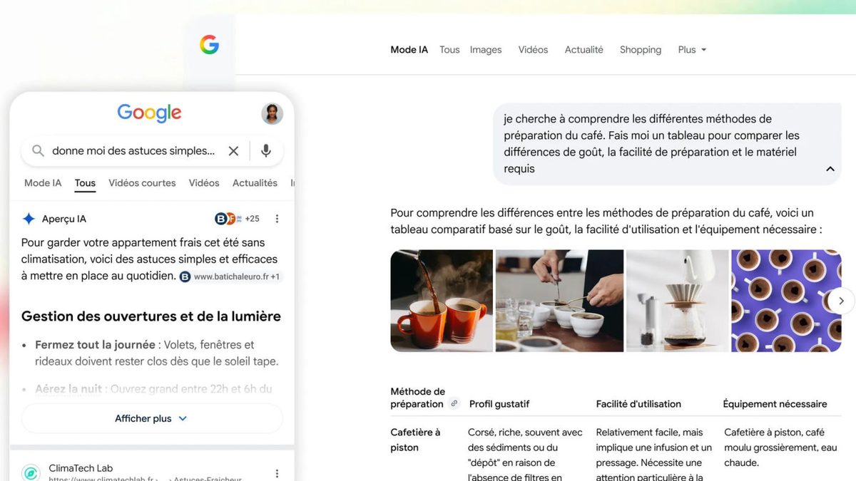 Un smartphone affichant la recherche Google avec un résumé rédigé par IA en tête des résultats.