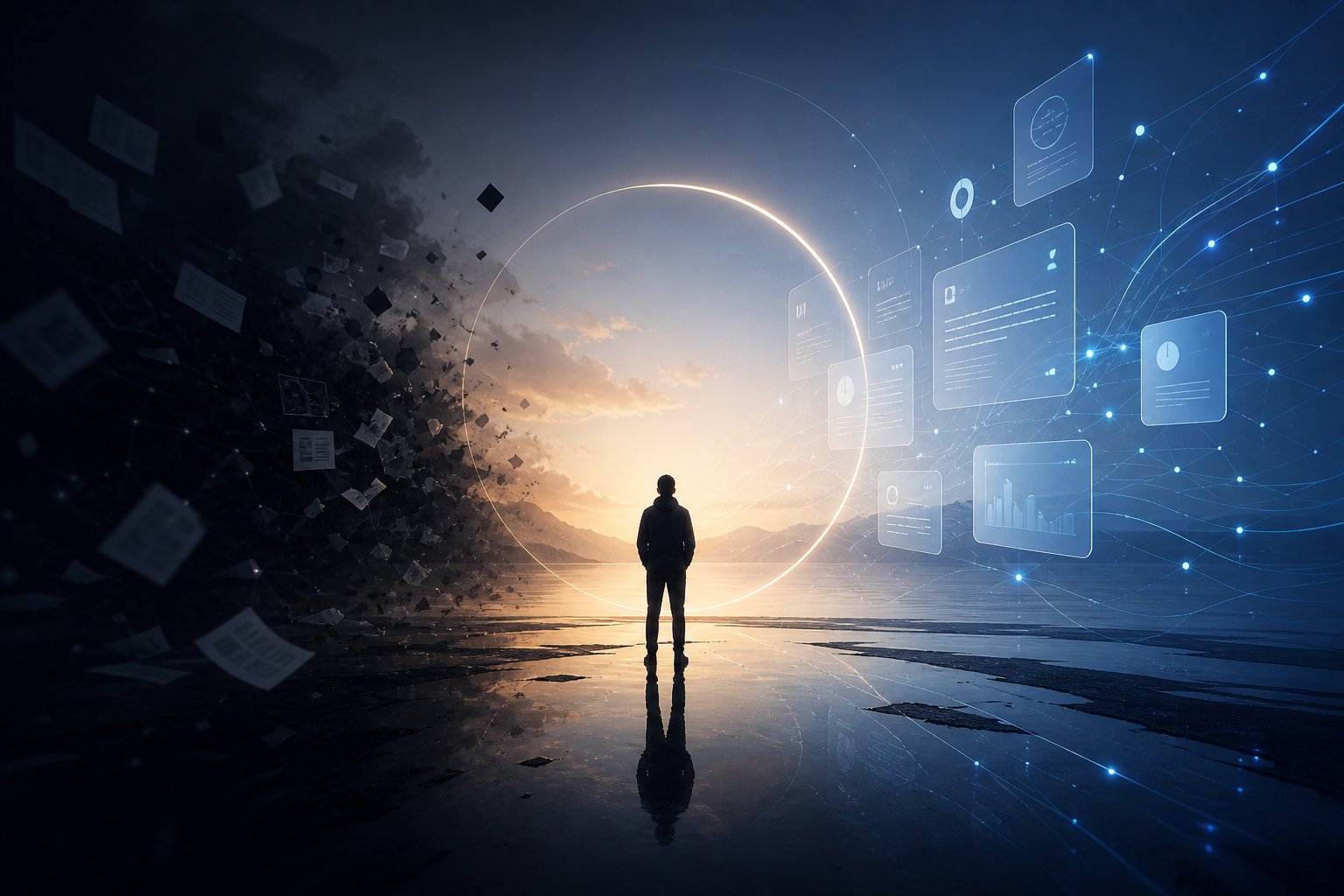 Personne face à un horizon partagé entre désordre et structure numérique