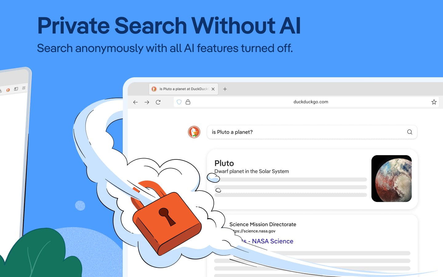 Page de résultats de DuckDuckGo affichant la mention No AI, sans réponse générée par IA