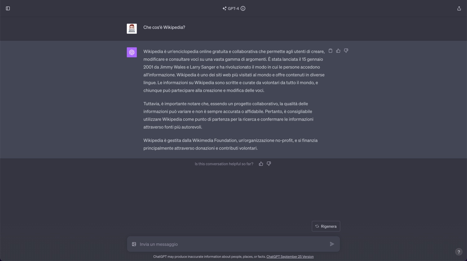 Une conversation avec une IA conversationnelle de type ChatGPT, avec la question de l'utilisateur et la réponse détaillée