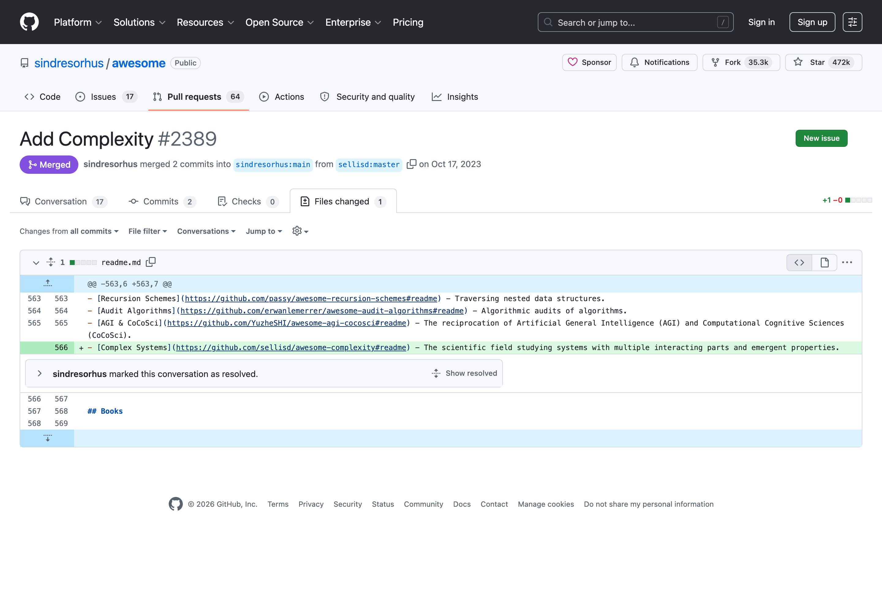 Une pull request fusionnée sur GitHub, avec le détail des modifications
