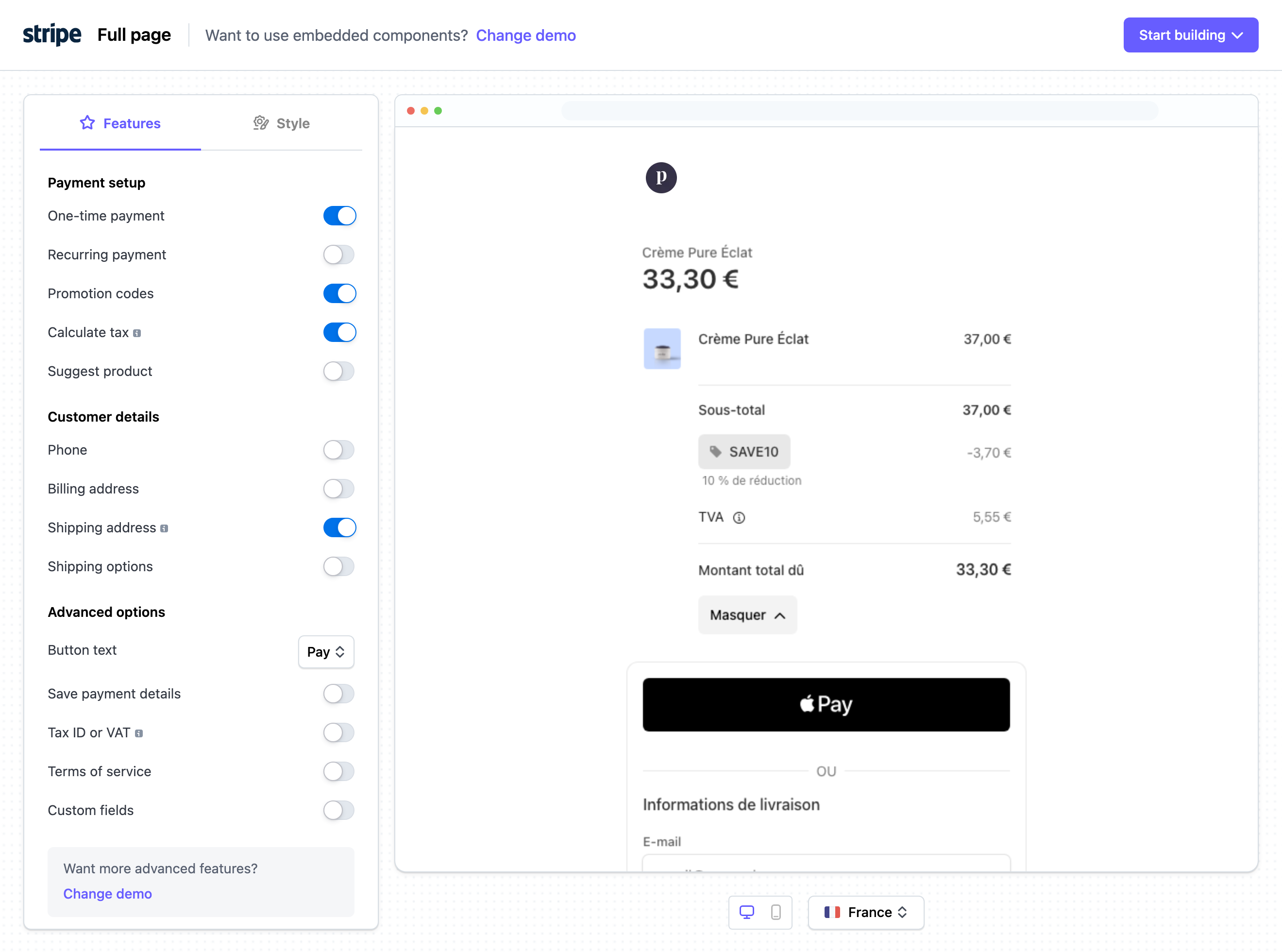 Une page de paiement Stripe avec un produit, un code promo et la TVA